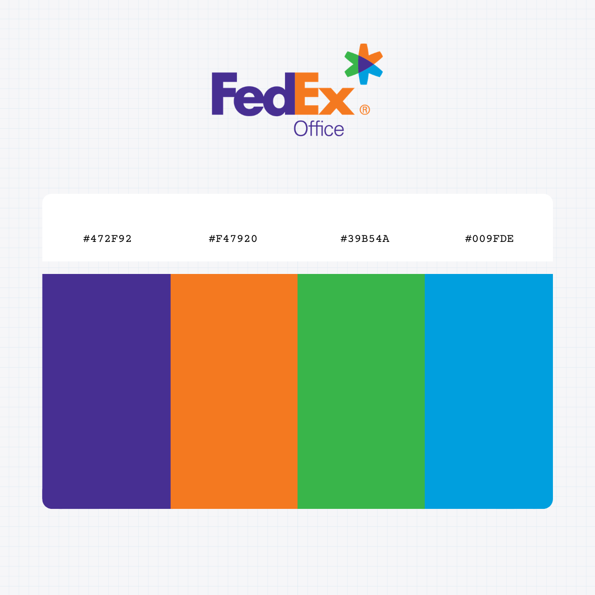 FedEx Office logo with HEX color values